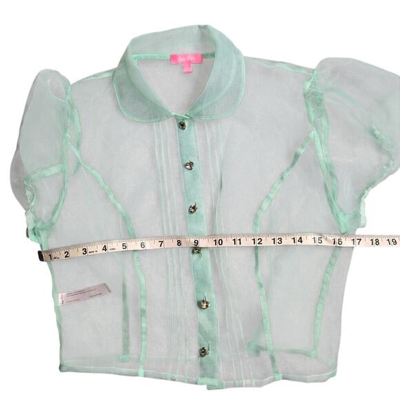 Sugar Thrillz Teal Cropped Sheer Puff Sleeve Mesh Blouse Size: S - Picture 3 of 3
